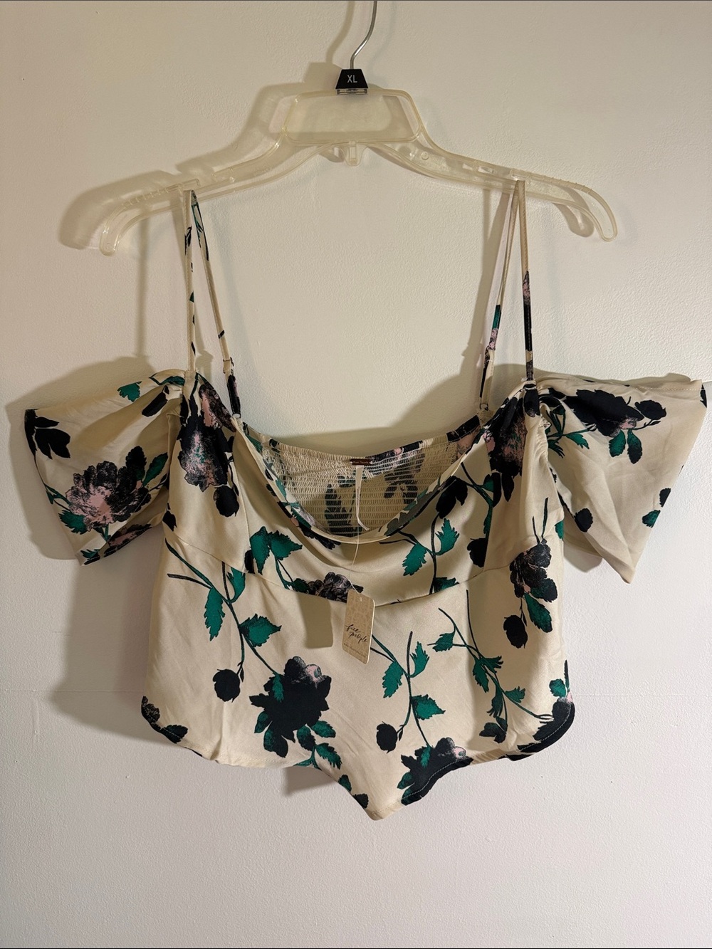 FREE PEOPLE Floral Off-Shoulder Crop Top - Cream with Green & Black